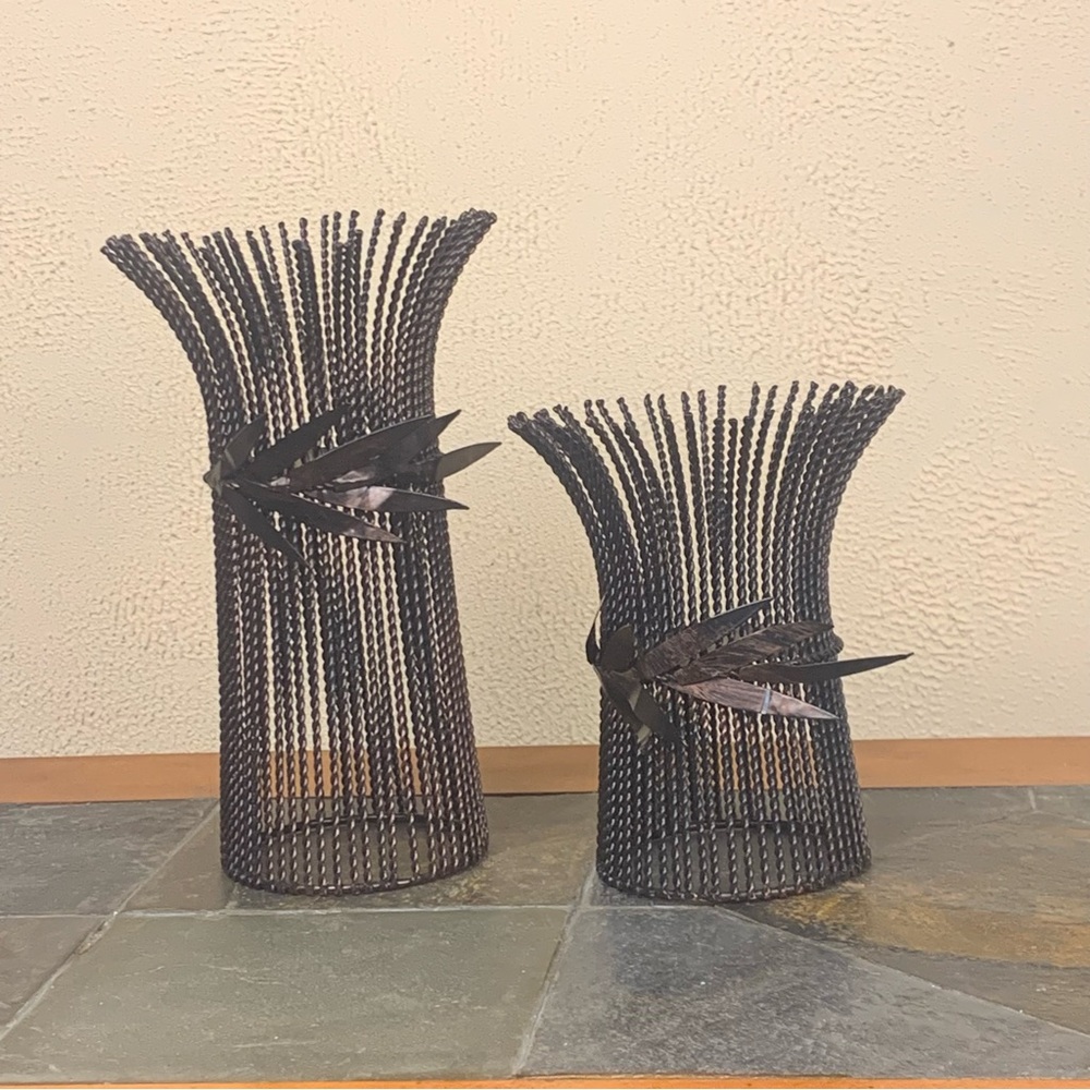 Elegant Brown Copper Metal Wire Wheat Stalk Candle Holders 2-Piece Home Decor